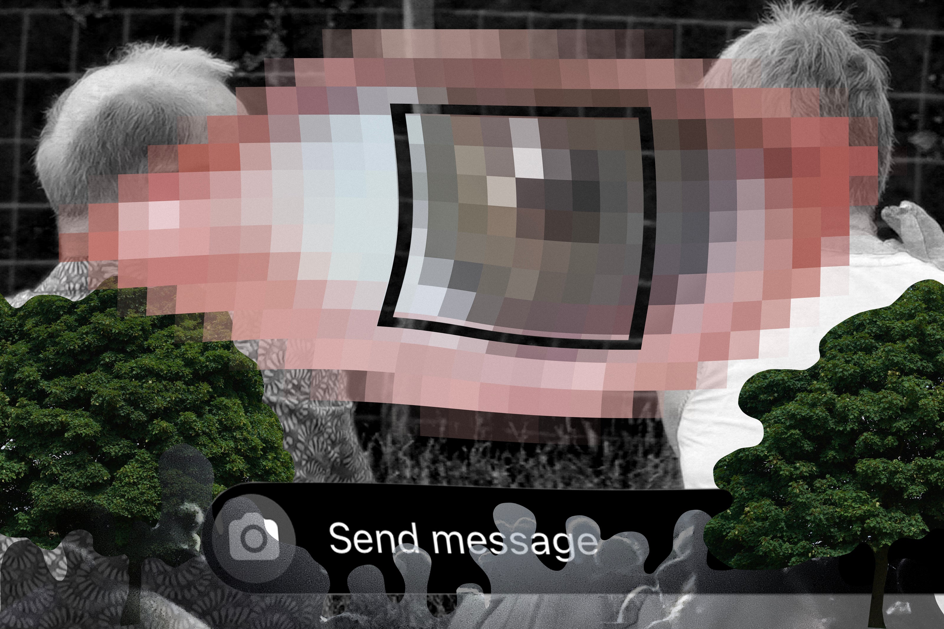 A heavily pixelated eye overlays a black-and-white image of two people on a bench. Green trees frame the scene, hinting at the creative talent of a graduate artist in the UK. At the bottom, a Send message icon invites you to explore more graduate artworks for sale by The Graduate Gallery