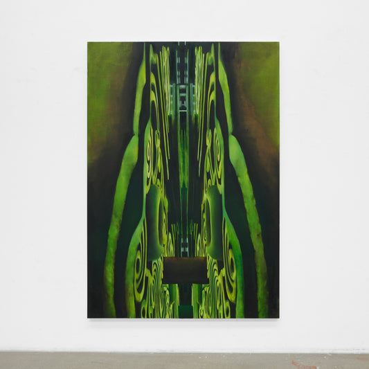 Abstract artwork by a graduate artist in the UK, featuring symmetrical green and black patterns resembling organic structures. The design has a central axis with swirling lines and deep shadows, creating depth and movement. Discover more graduate artworks for sale at The Graduate Gallery.