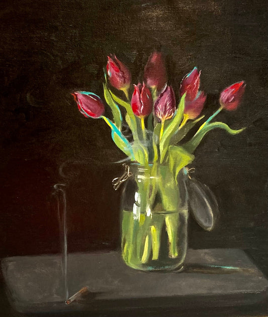 A still life painting by a graduate artist in the UK showcases a bouquet of red tulips in a clear glass jar against a dark background. An incense stick burns beside the jar, its smoke swirling elegantly. Discover more graduate artworks for sale at The Graduate Gallery.