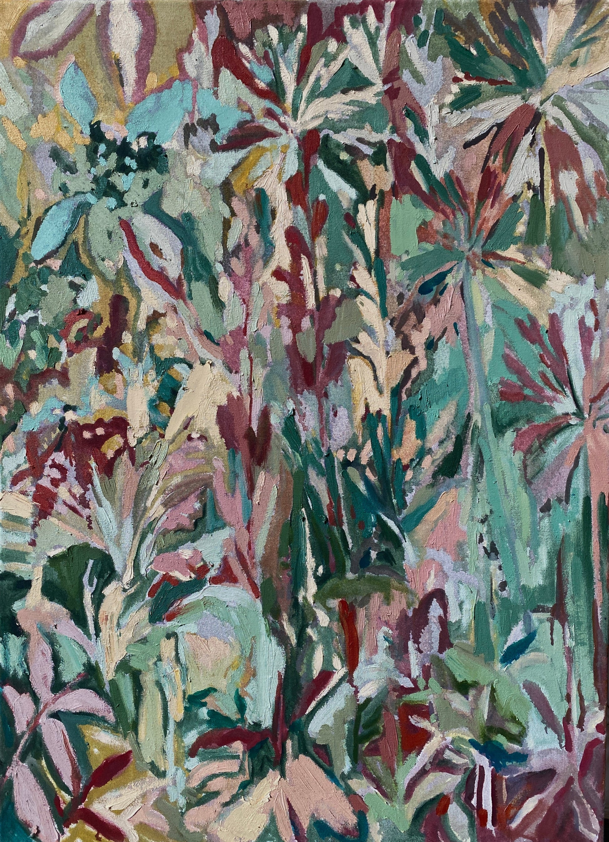 Abstract painting by a graduate artist Beatrice Hasell-McCosh in the UK, featuring overlapping, colorful leaves in shades of green, red, beige, and blue. The composition is dense, with varied brushstrokes creating depth and texture. Discover more graduate artworks for sale at The Graduate Gallery.