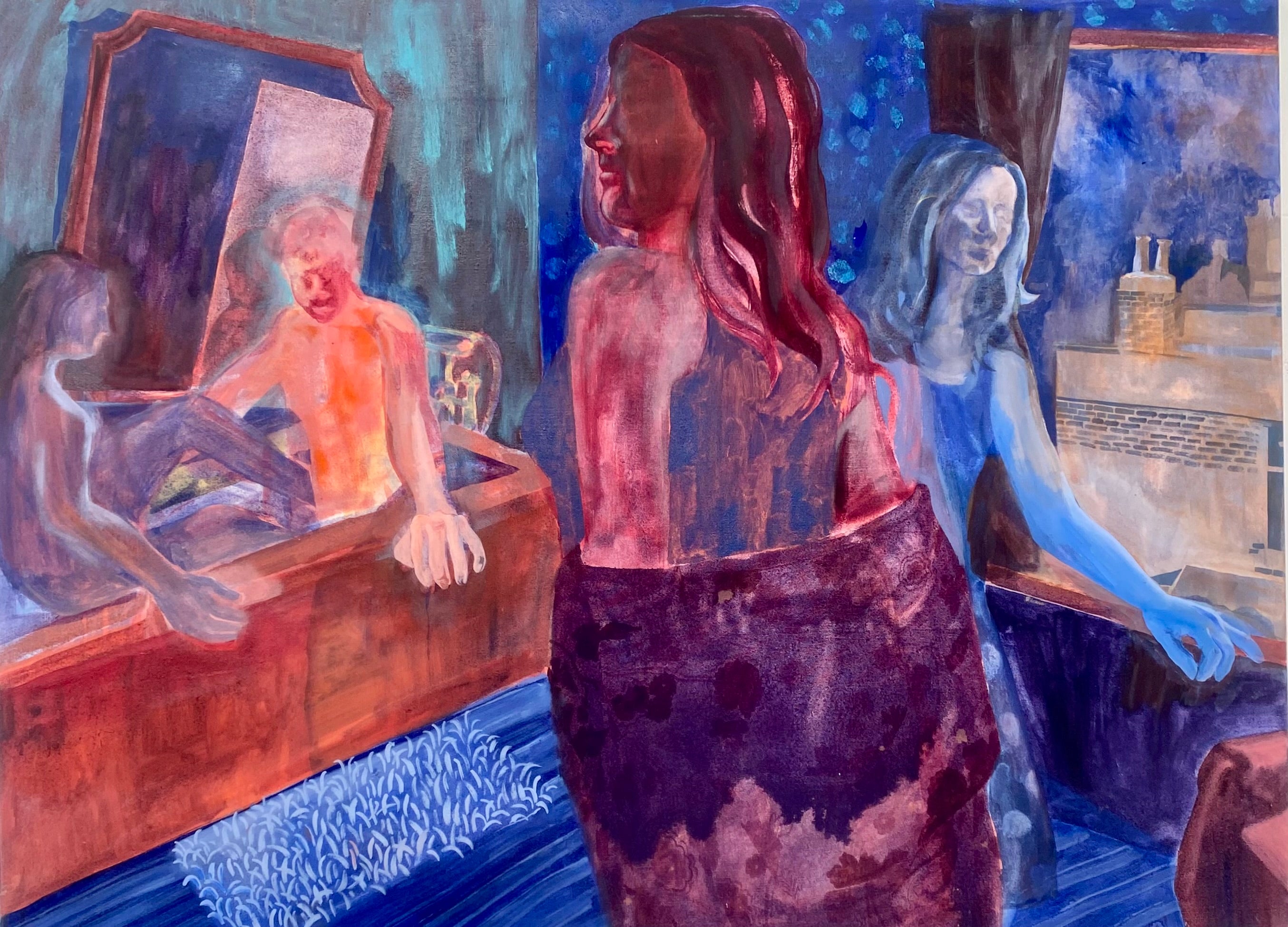 A colorful painting created by a talented graduate artist in the UK features abstract figures, including a central one wrapped in dark cloth. Other figures are near mirrors and a wooden structure, set against a blue background with hints of orange and red. This stunning piece is available for sale at The Graduate Gallery.