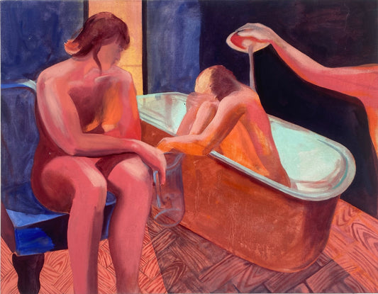 A painting by a talented graduate artist in the UK showcases two nude figures, one seated on a chair and the other in a bathtub. A third arm pours liquid over the seated figure's head, set against a warm-toned room with herringbone flooring. Discover this piece at The Graduate Gallery.