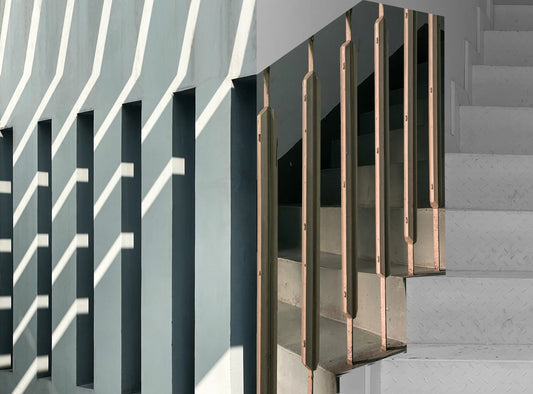 A modern painting showcasing a staircase with light gray walls and white steps. Vertical slats cast geometric shadows, creating rhythmic patterns that echo the innovative of a graduate artist in the UK. Artwork for sale at The Graduate Gallery.