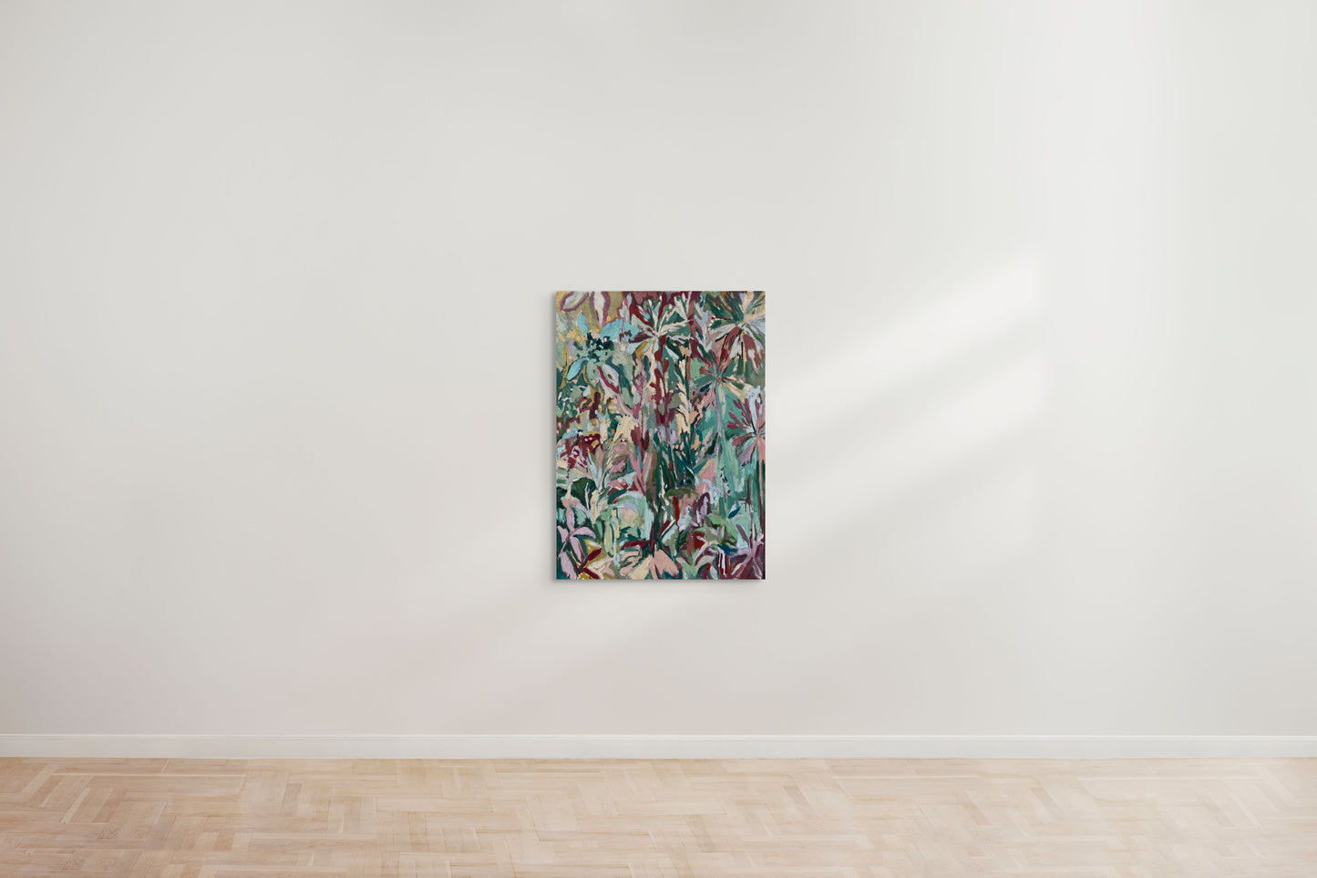 Abstract painting by a graduate artist Beatrice Hasell-McCosh in the UK, featuring overlapping, colorful leaves in shades of green, red, beige, and blue. The composition is dense, with varied brushstrokes creating depth and texture. Discover more graduate artworks for sale at The Graduate Gallery.