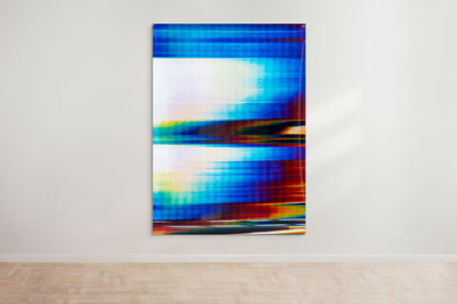 An abstract artwork by a graduate artist in the UK features horizontal bands of blue, orange, red. The colors blend and blur, creating a dynamic, textured effect. Displayed with small metal clips at the corners, this piece is part of the graduate artworks for sale by The Graduate Gallery.