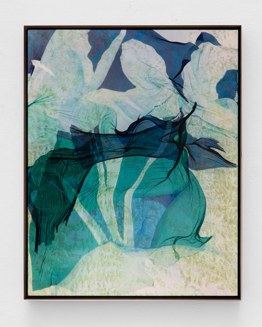 Abstract artwork by a graduate artist in the UK features swirling shades of blue and green. The overlapping layers create a sense of movement, resembling leaves or waves, with a textured and dynamic appearance. Discover similar graduate artworks for sale at The Graduate Gallery.