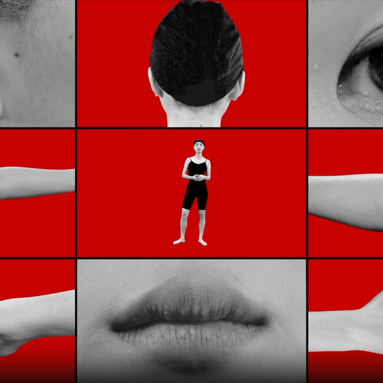 A video collage by a graduate artist in the UK features a central image of a person standing amid close-up shots of body parts: ear, back of the head, eye, three arms in varying poses, lips, and a hand. The bold red background enhances this intriguing visual narrative.