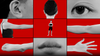 A video collage by a graduate artist in the UK features a central image of a person standing amid close-up shots of body parts: ear, back of the head, eye, three arms in varying poses, lips, and a hand. The bold red background enhances this intriguing visual narrative.