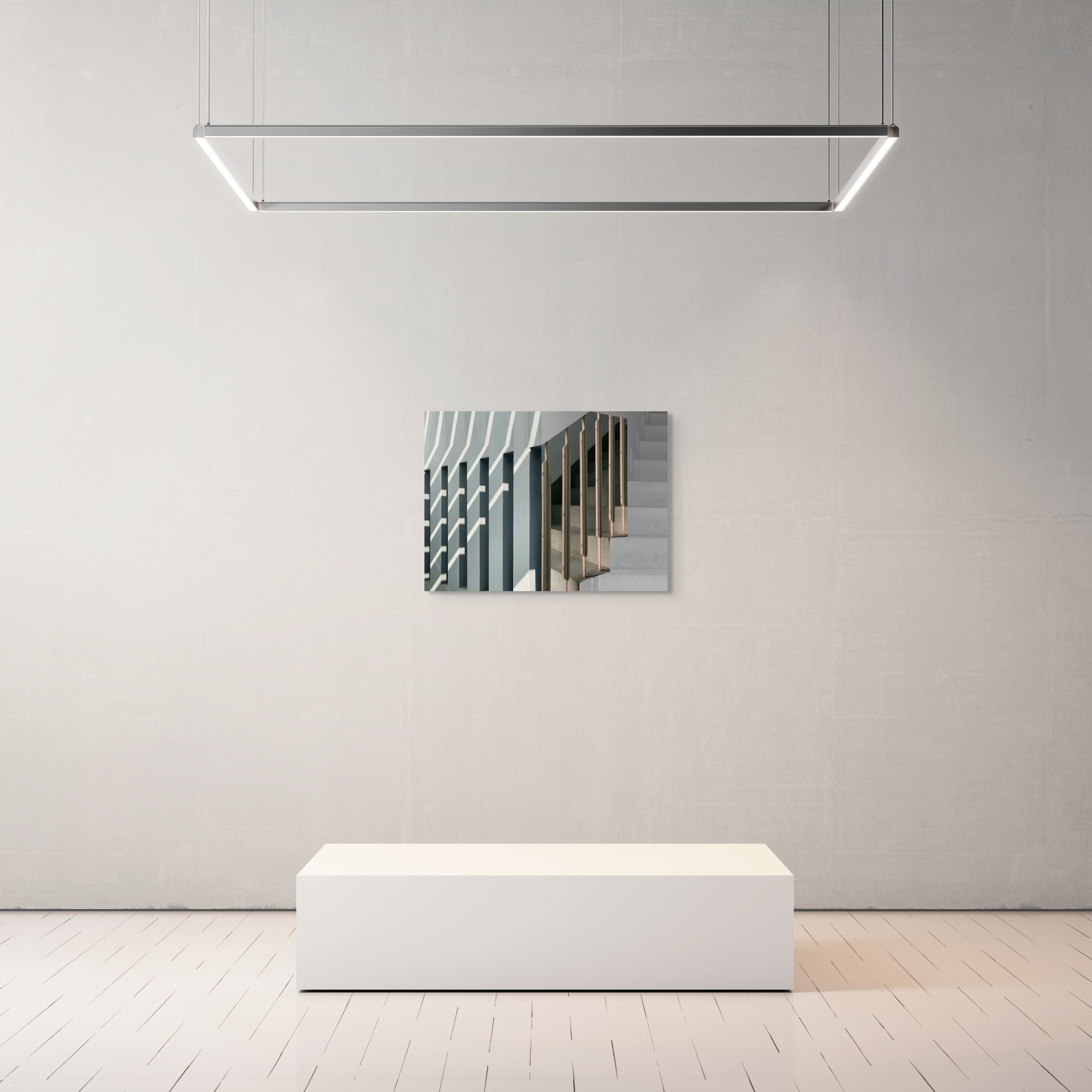 A modern painting showcasing a staircase with light gray walls and white steps. Vertical slats cast geometric shadows, creating rhythmic patterns that echo the innovative of a graduate artist in the UK. Artwork for sale at The Graduate Gallery.